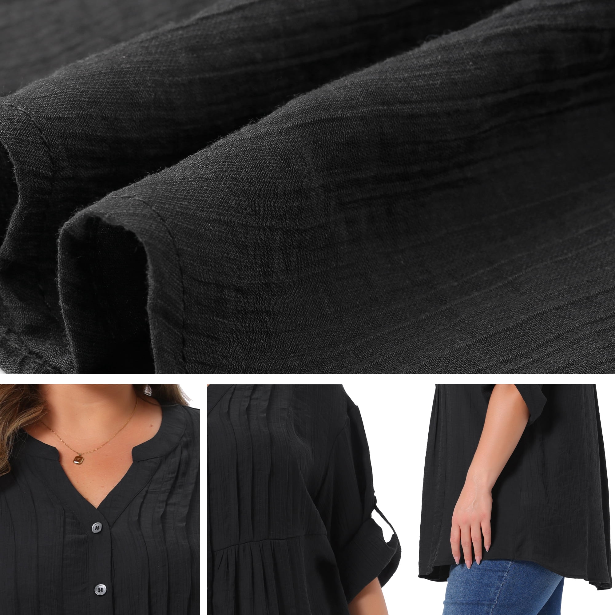 DARING DIVA Women's Plus V Neck 3/4 Sleeve Pleated Textured Dressy Button Shirts 3X Black
