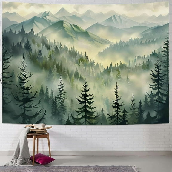 Creowell Misty Forest Tapestry, Nature Mountain Tapestry Wall Hanging Watercolor Landscape Wall Tapestries for Bedroom Aesthetic Men Living Room Sage Green Wall Art Home Decor Gift Multi Size Painting