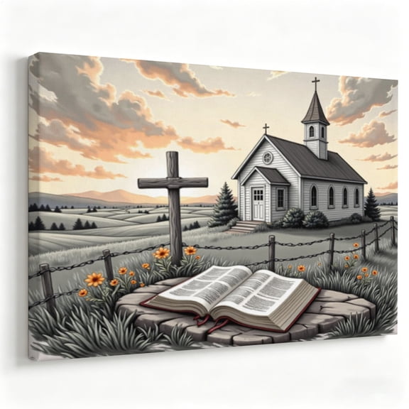Country Church and Open Bible Canvas Wall Art Rustic Landscape Painting Wooden Cross Poster Living Room Christian Home Decor Print Ready to Hang 8*12