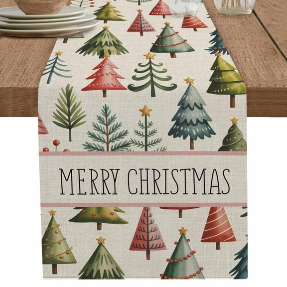 nqOlkjepod Christmas Table Runner 48 Inches Long Farmhouse Dress Scarves, Winter Watercolor Xmas Pine Trees on Linen Dining Tablerunner for Coffee Table/Kitchen Island/Party Décor, 13" x 48"