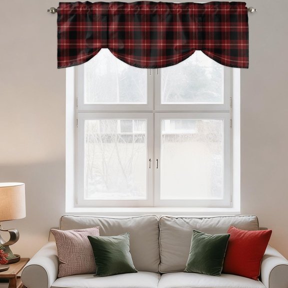 Tie Up Curtain Valances Red Black Classic Check,Rod Pocket Shade Valance Adjustable Curtains Minimalist Grids Window Treatment for Kitchen Bathroom Living Room Windows,42x18in