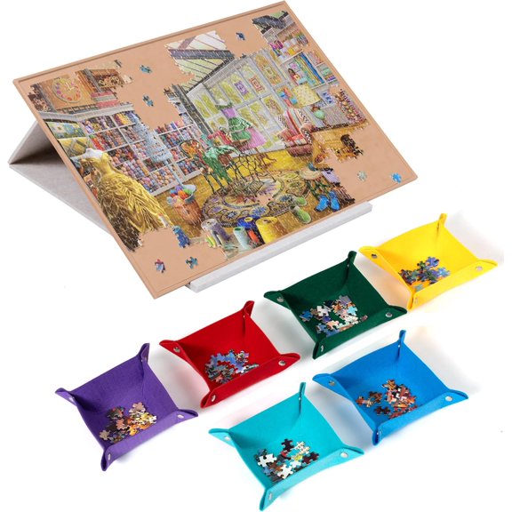 Tilting Puzzle Board with 2-in-1 Stand & Cover, Adjustable Plateau Storage with 6 Sorting Trays for Adults & Kids, Portable Jigsaw Puzzle Table with Non-Slip Tabletop for Up to 1000 Pieces