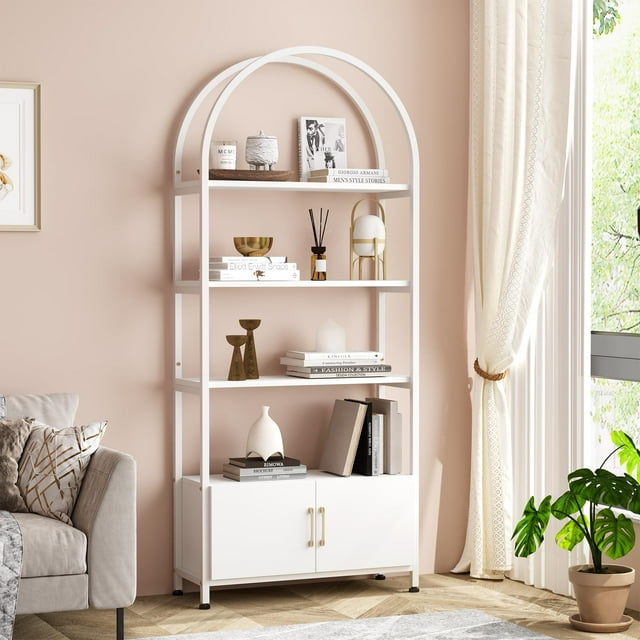QinaQin Librero arqueado de 71.5 pulgadas con 4 repisas abiertas y puertas, estructura metálica y tableros resistentes, ideal para sala, estudio u oficina en casa