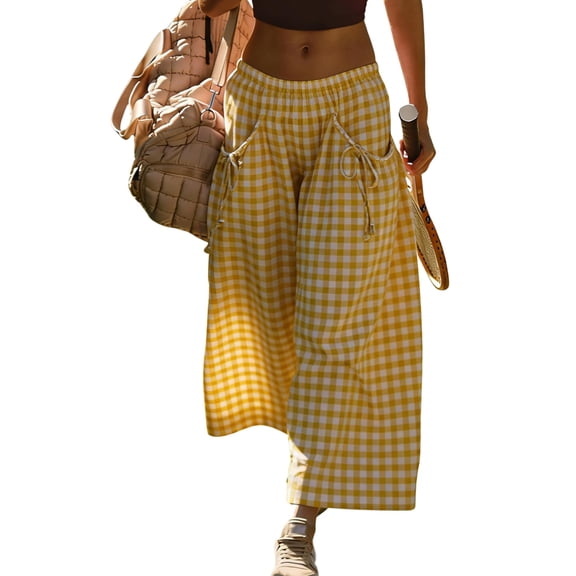 Yifymode Women's Gingham Plaid Wide Leg Capri Culottes Elastic Waist Palazzo Pants Summer Casual Wear,Fluorescence Yellow XL