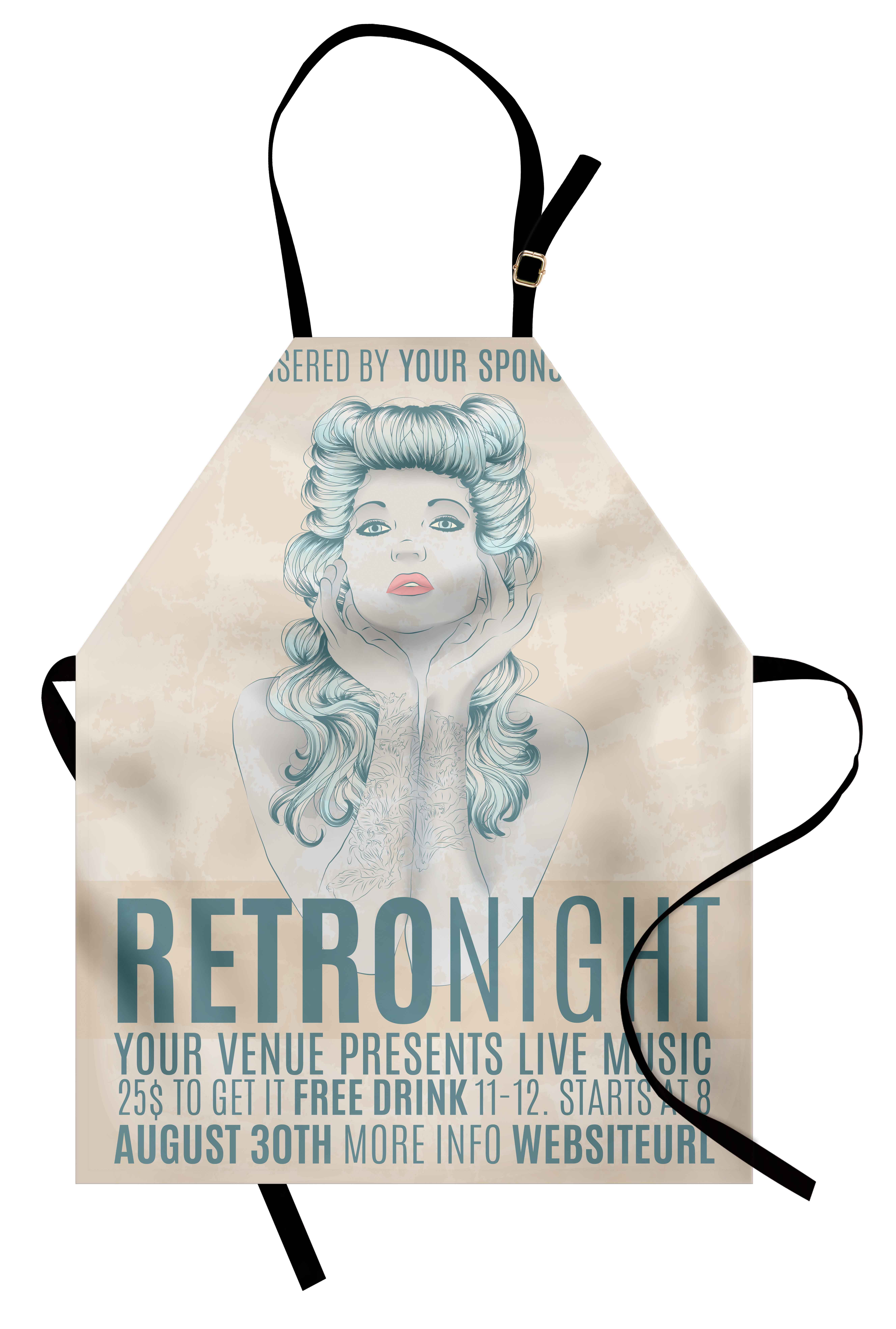 Indie Apron Retro Night Theme Poster Design Attractive Woman with Old Fashioned Hair Style, Unisex Kitchen Bib Apron... by 3decor llc