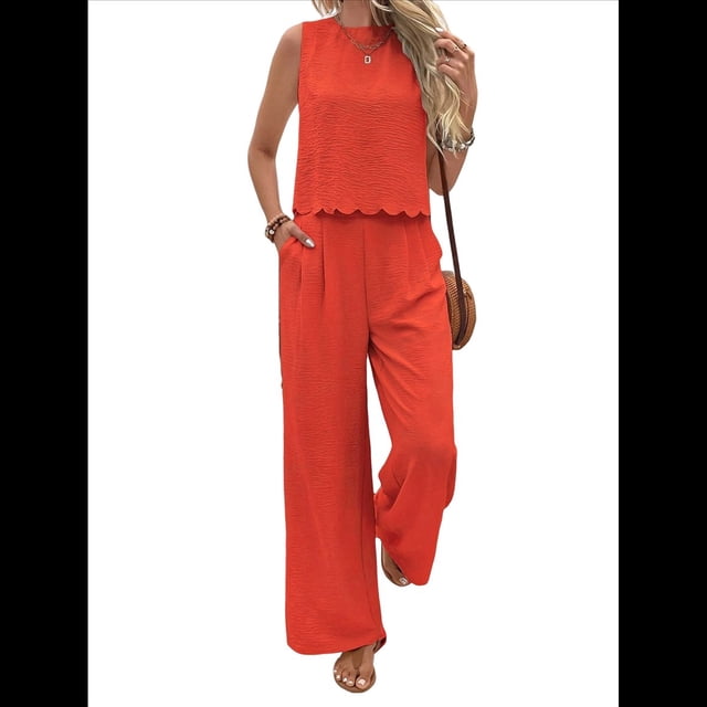 Conjuntos de 2 Piezas para Mujer, Chaleco, Cuello Redondo, Sin Mangas, Conjuntos Casuales, Pantalones de Pierna , Trajes. Color Naranja S