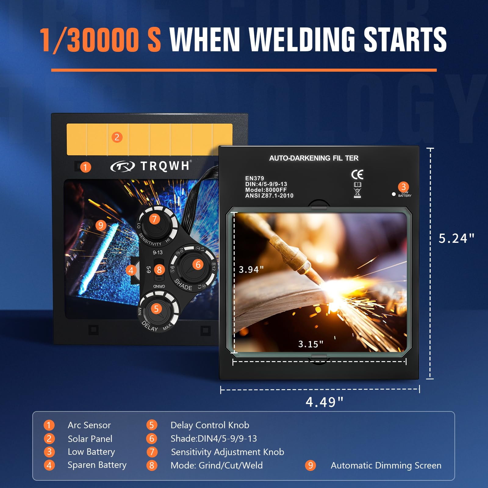 Auto Darkening Welding Lens - Welding Helmet Lens True Color Technology with 4 Arc Sensor Ajustable Shade Range 4/5-13 Automatic LCD Lens Dimming Shade Filter 4.49x5.24in Auto Welding Lens