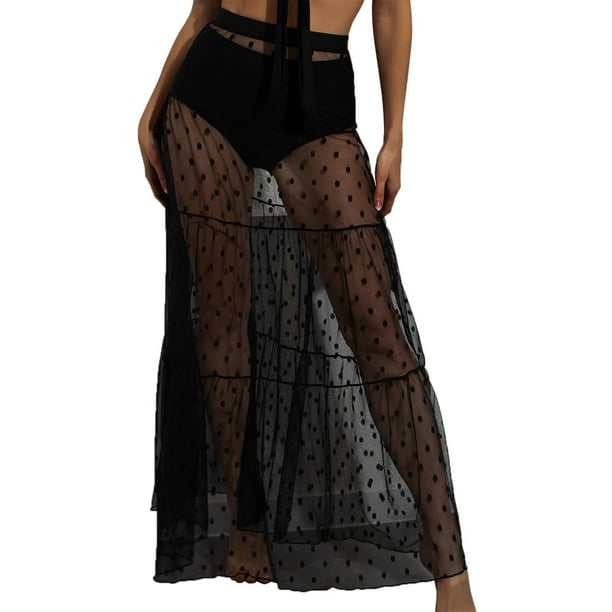 Women Beachwear Dot Mesh Knot Waist Cover Up Skirt Sheer Wrap Knot