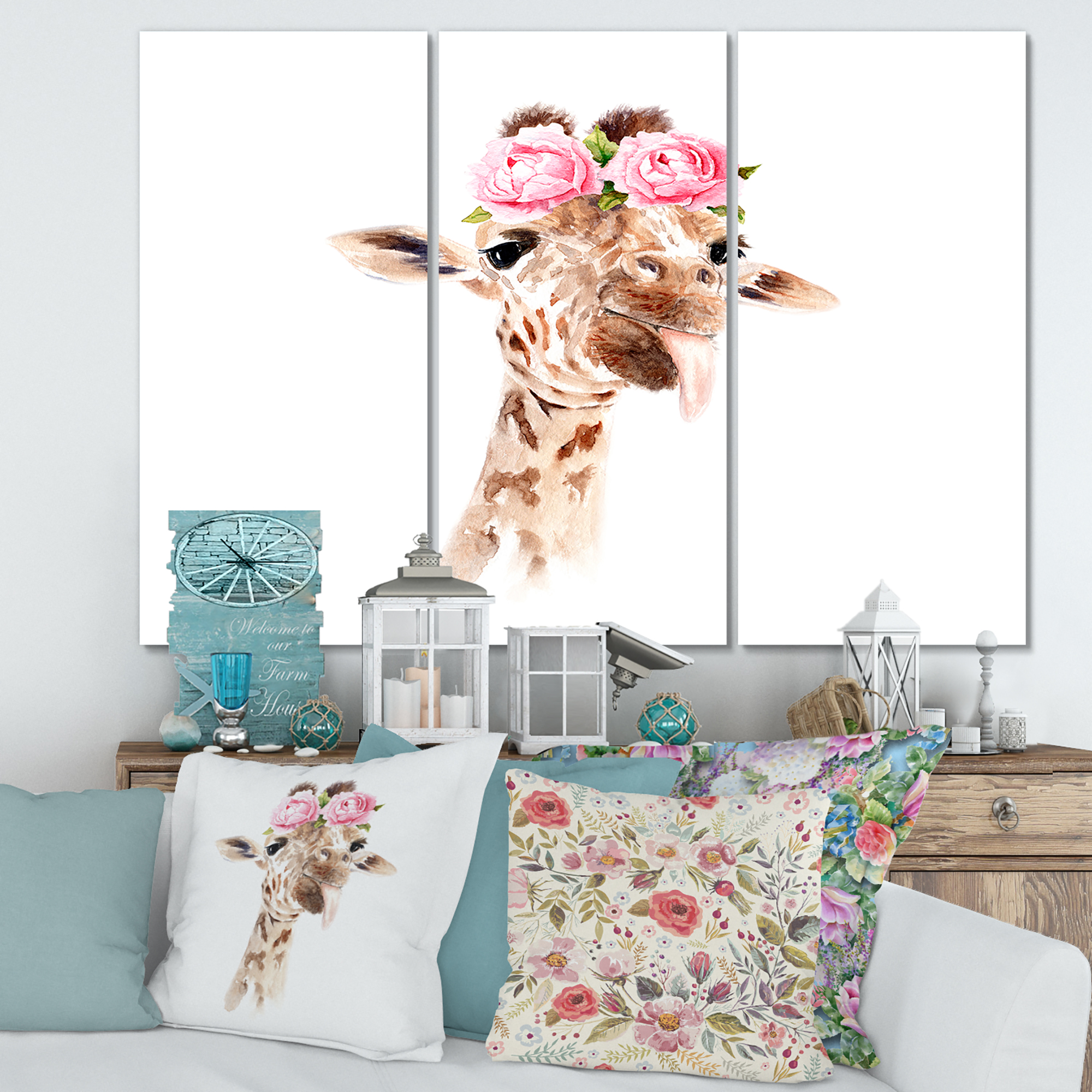Designart ' Portrait of A Giraffe With Pink Flowers ' Farmhouse Canvas Wall Art Print