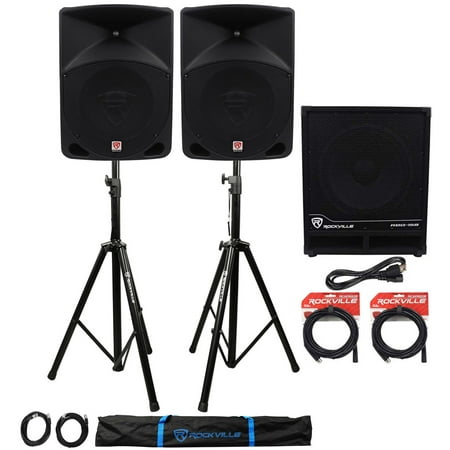 (2) Rockville RPG10 10" Powered PA Speakers+Active 15" Subwoofer+Stands+Cables