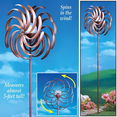 Solar Lighted Double Pinwheel Windspinner Metal Garden Stake Outdoor Yard Decoration