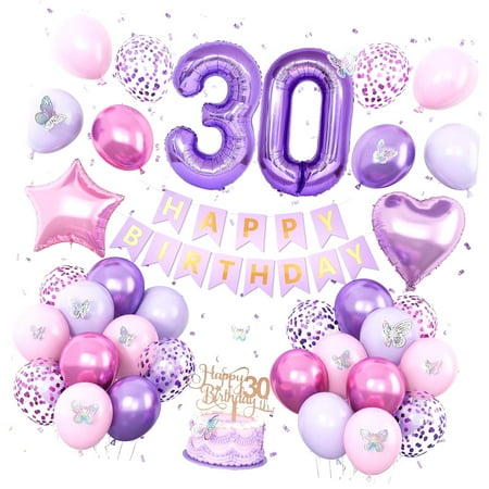 SKYSONIC Sweet 16 Party Decorations, Lavender Birthday Decor for Girls Number Foil Balloons Cake Topper Butterfly Stickers for 16th Birthday Party