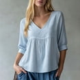 thumbnail image 4 of Long Sleeve Shirts for Women V Neck Peplum Blouse Side Lace Panel long Cuffed Sleeve Loose Casual Top Blue M, 4 of 6