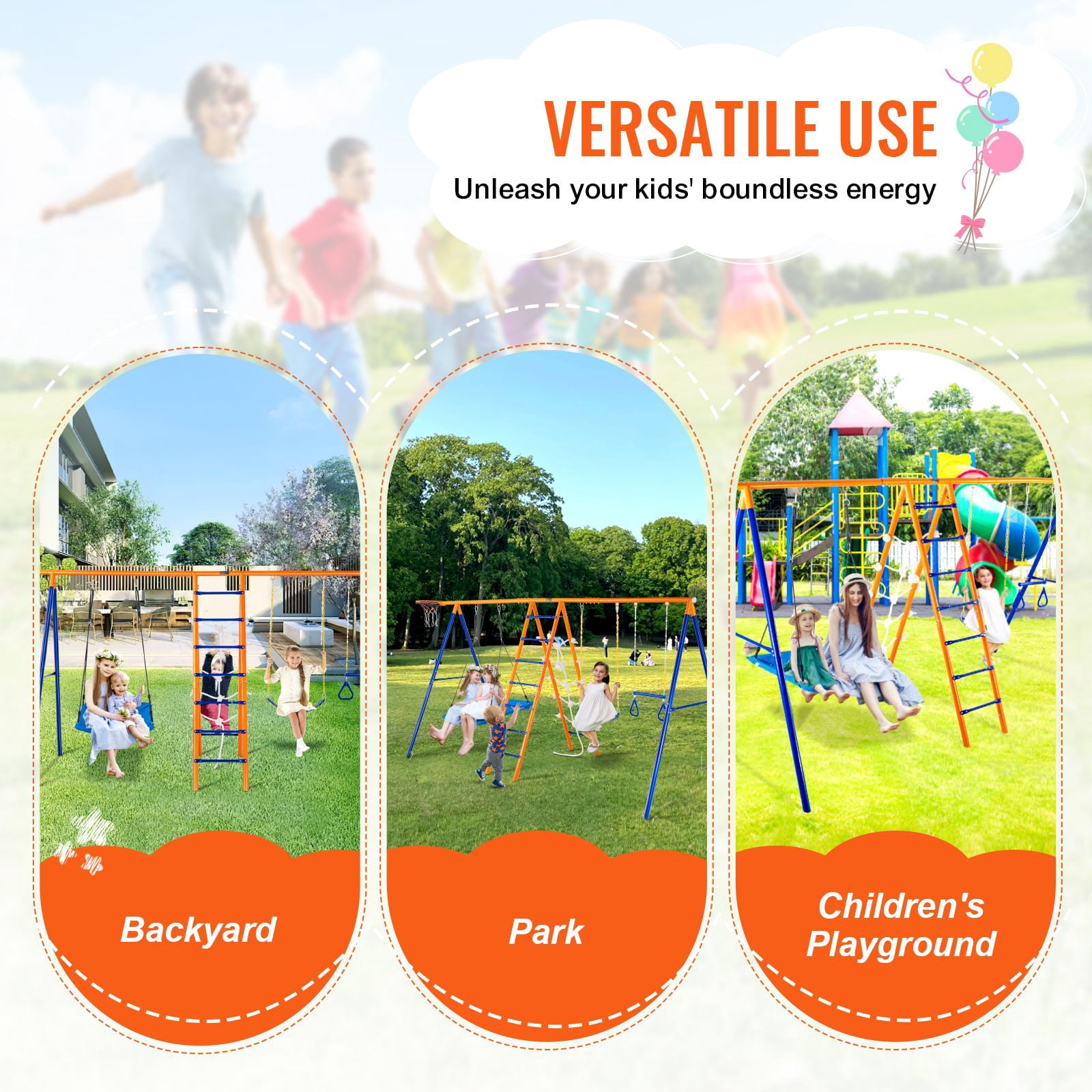 Swing Sets for Backyard, 6 in 1 Swing Set with 2 Swings, Trapeze Bar, Climbing Ladder, Climbing Net, and Basketball Hoop, 440lbs Load Capacity Heavy-Duty Metal Swingset Outdoor for Kids Ages 3+