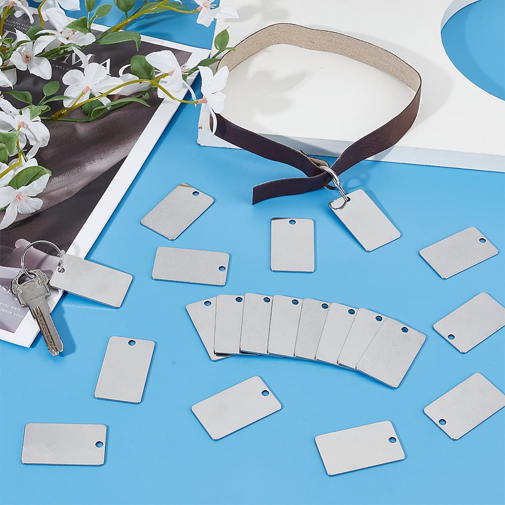 28Pcs Metal Engraving Blanks 1.8x1 Inch Rectangle Stainless Steel Stamping Blanks with Key Rings Round Blank Tags Metal Tags with Holes Stamping