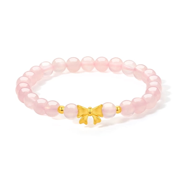 ZHOU LIU FU 24K Gold Beaded Bracelets Butterfly Bow Rose Quartz Stretch Jewelry 17cm for Women A1911408