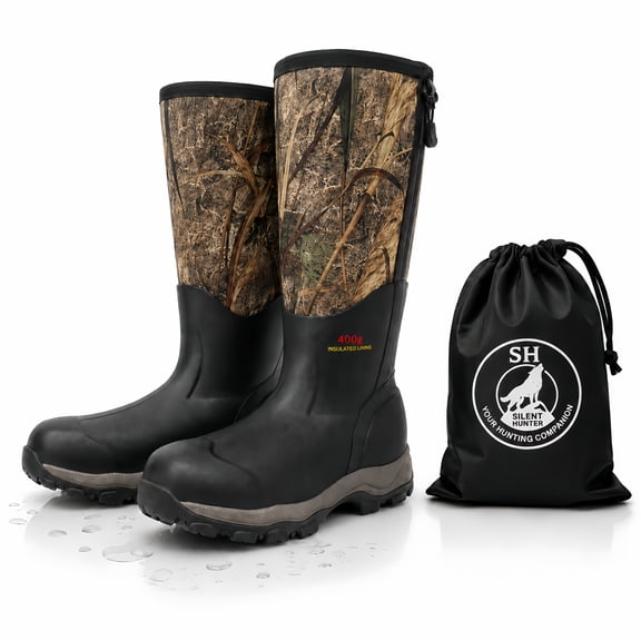 Men's Waterproof Insulated Hunting Boots, 6mm Neoprene Rubber Camo Boots with 400g Warm Lining and Deep-Tread Outsole for Hunting, Fishing & Outdoor Use, Storage Bag Included
