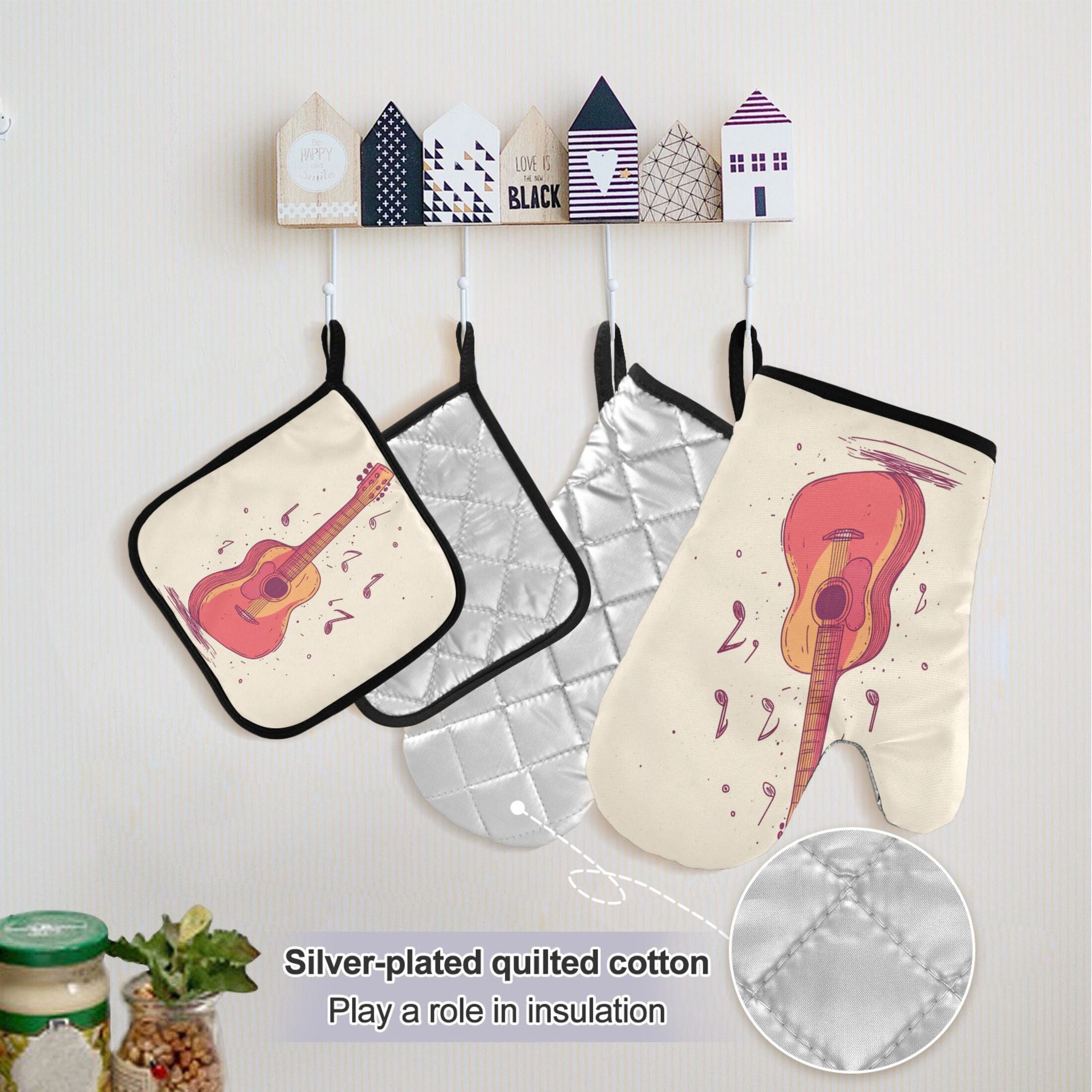 5 Pcs Kitchen Set Heat Resistant Oven Mitts and Non-Slip Pot Holders with Adjustable Cooking Apron Guitar and Notes