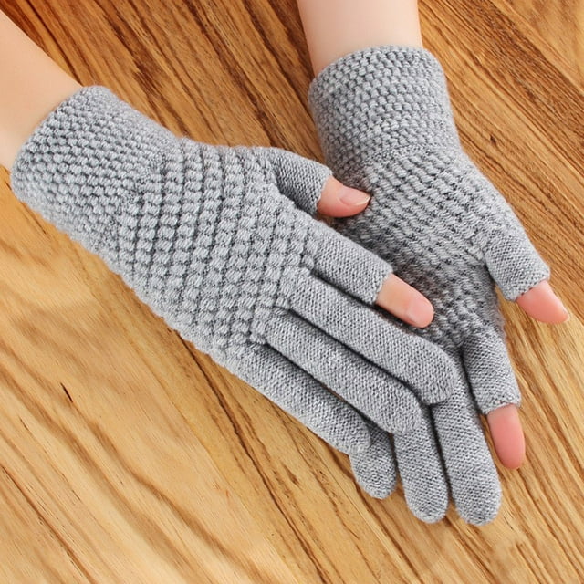 Womens Winter Screen Knit Warm Lining Three Finger Double Touchable Screen Sms Fingertip Design Mittens