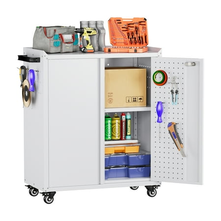SUXXAN Metal Rolling Cabinet with 2 Swing Doors, Adjustable Shelve, Storage Tool Chest for Garage Utility Room, White