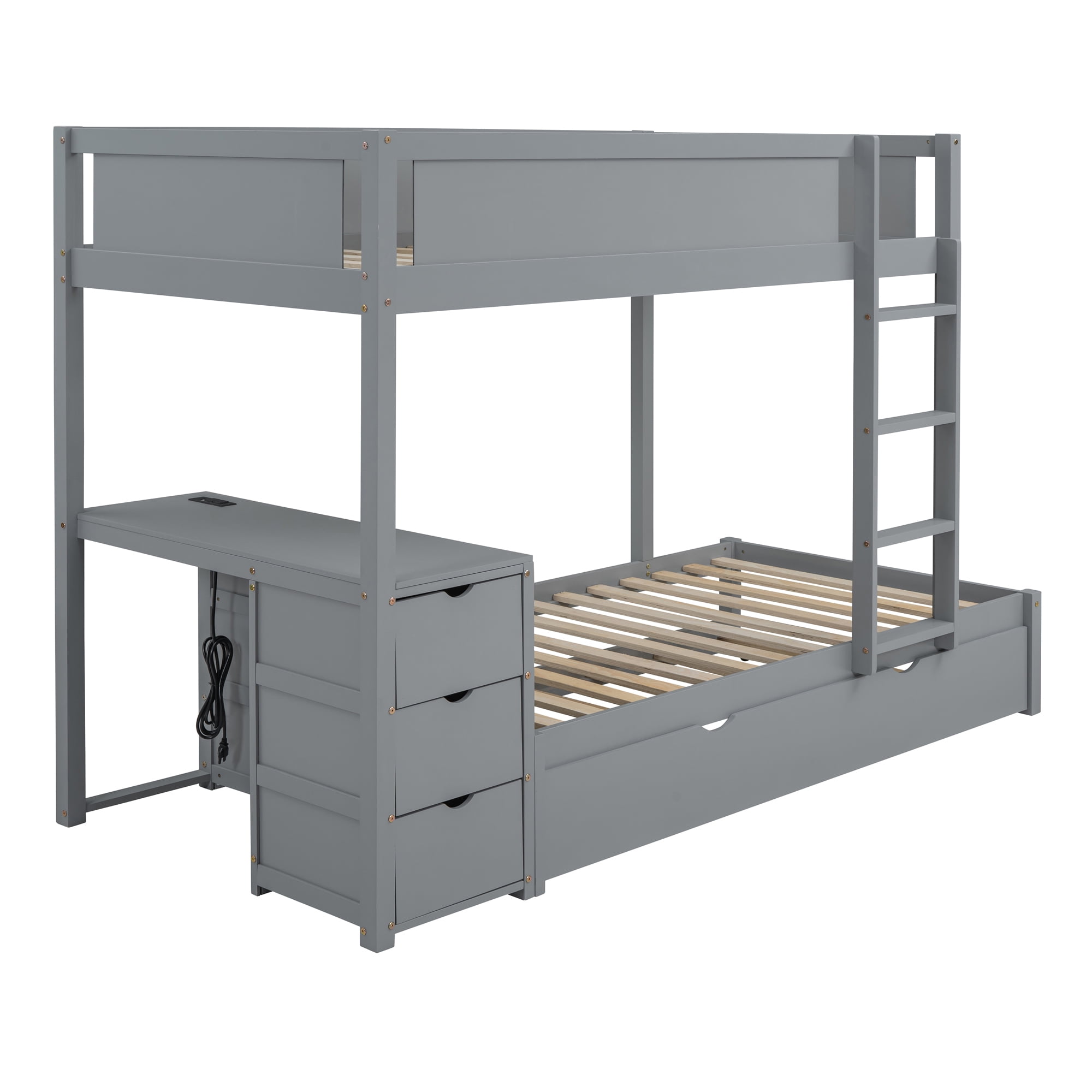 Twin over Twin Bunk Bed with Twin Size Trundle, 3 Storage Drawers and Desk, Solid Wood Kids Bunk Bed Frame with Ladder for Kids Teens Adults