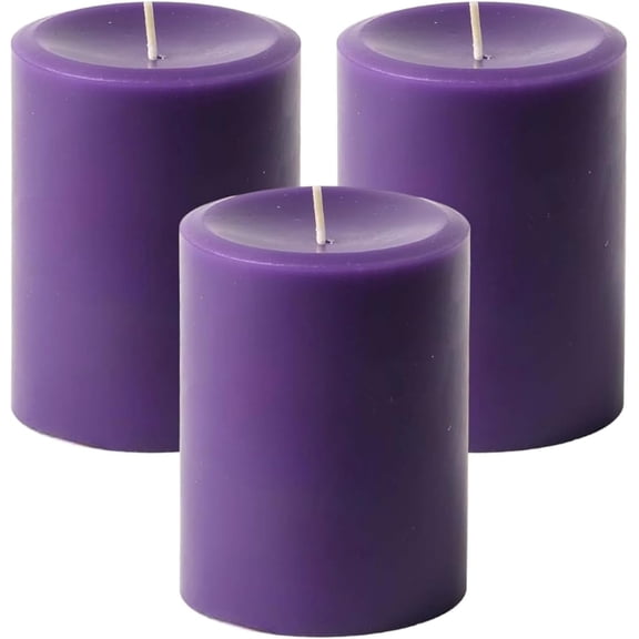 NeoMart - Dripless Unscented Pillar Candles, Set of 3 Hand Poured Solid Color Non-Scented Candles for Home Decor, Premium Wax, 60 Hr Burn Time - 3x4 Inch, Purple