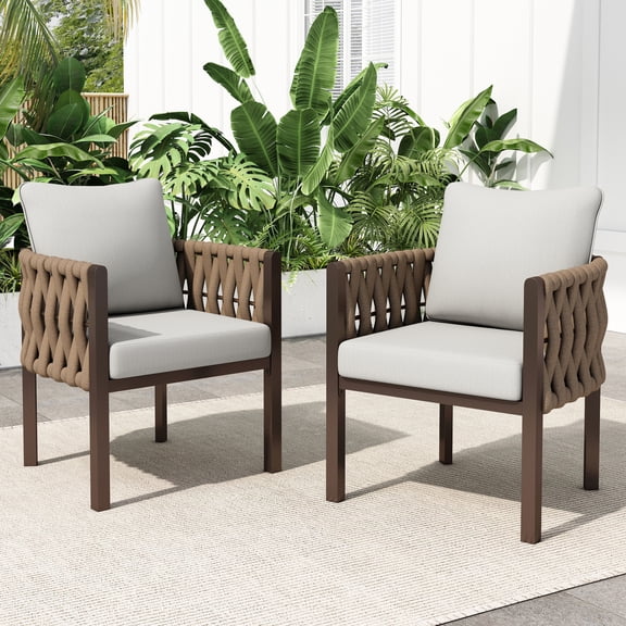 Miekor Furniture 2-Pieces Outdoor Metal Patio Club Chair, Patio Furniture Arm Chair with Cushion, Modern Outdoor Furniture Deep Seating for Porch, Garden, Backyard, Balcony, Brown & Light Grey 75736