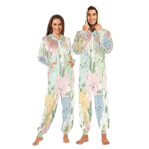 1 Piece Adult Onesie Pajamas Cozy & Loose-Fit Sleepsuit Loungewear with Pockets Pastel-colored Cats and Flowers X-Small