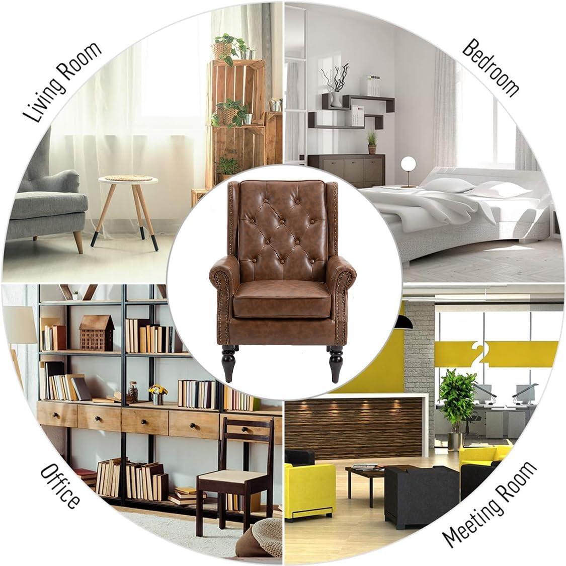MOONMISS Mid Century Chair PU Leather Accent Armchair Tufted Button Back Rivet Trim Ergonomic Design Modern Living Room Bedroom Home Office Seating Furniture