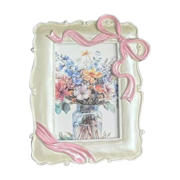 geerera Vintage Photo Frame, Exquisite Picture Frame with Pink Bow Design, Pearly White Resin Decorative Display Frame for Tabletop and Wall, Home Decor, Gift for Her, Living Room Accent