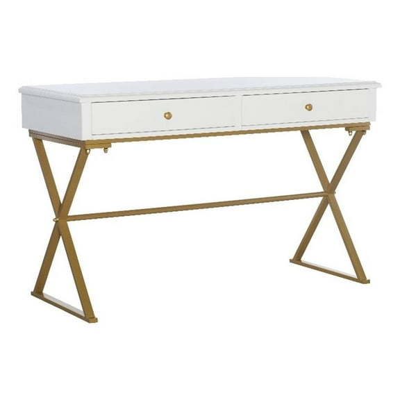 Linon Campaign Two Drawer Desk Gold Metal Criss Cross Legs Top in White Wood