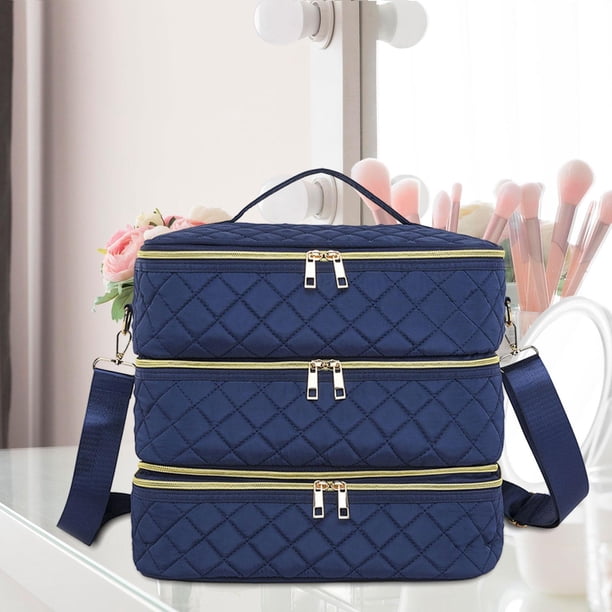 Bolsa de transporte para maquillaje y cosméticos, bolsa portátil con capacidad para 80 botellas, estuche organizador de esmalte de uñas, transportador Azul