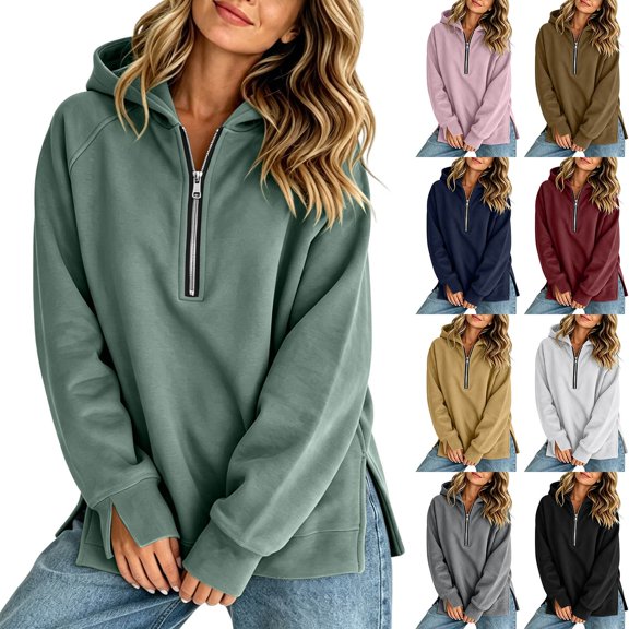 Yeaiivve Womens Side Slit Hoodie Quarter Zip Raglan Long Sleeve Pullovers Comfy Lightweight Fall Hoodies Daily Casual Hooded Tops L