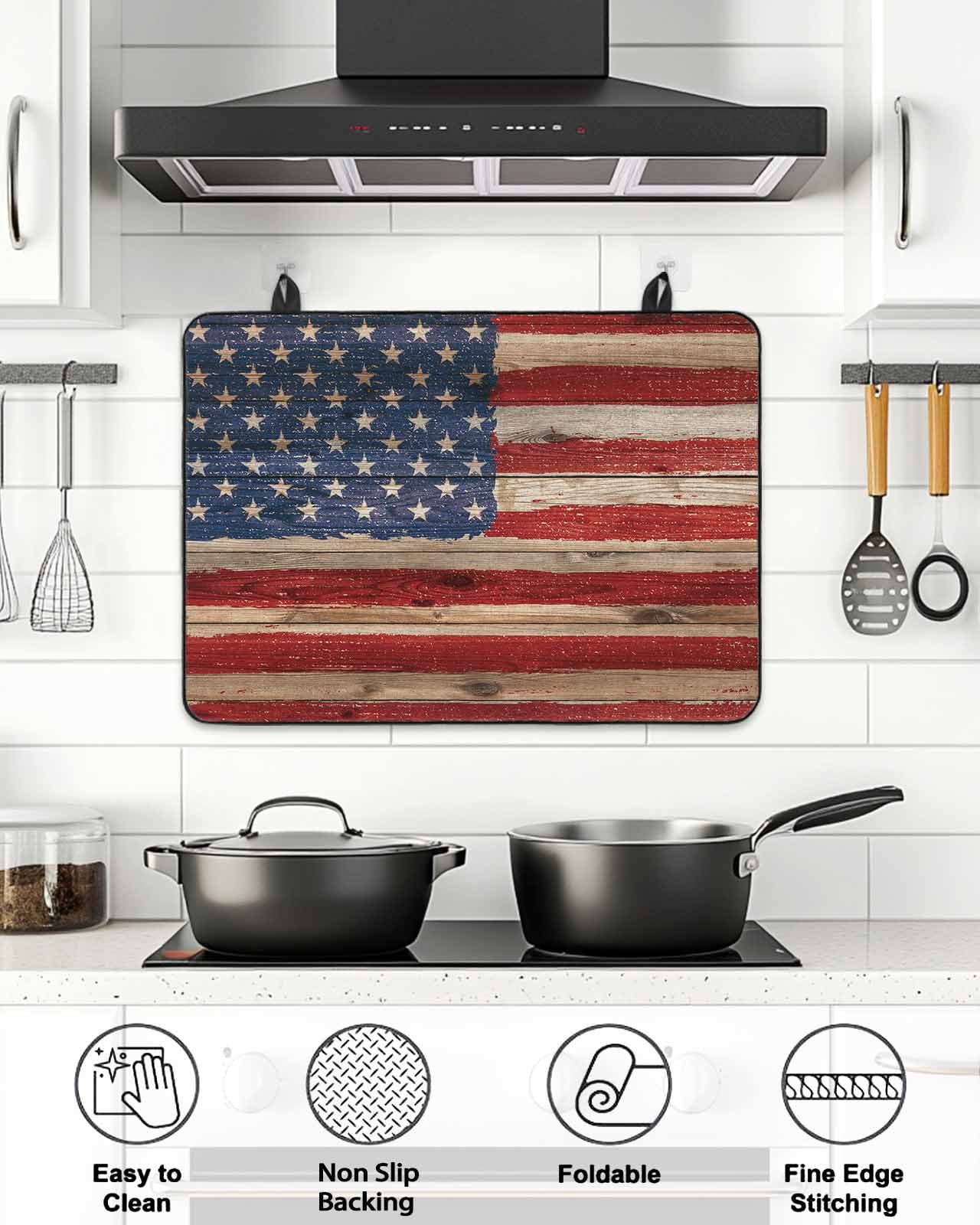 Stove Top Covers for Electric Stove, Retro American Flag Glass Stovetop Cover Protector, Vintage USA Flag Red Blue Wooden Induction Cooktop Protector Oven Mat for Kitchen Countertop 24"x21"