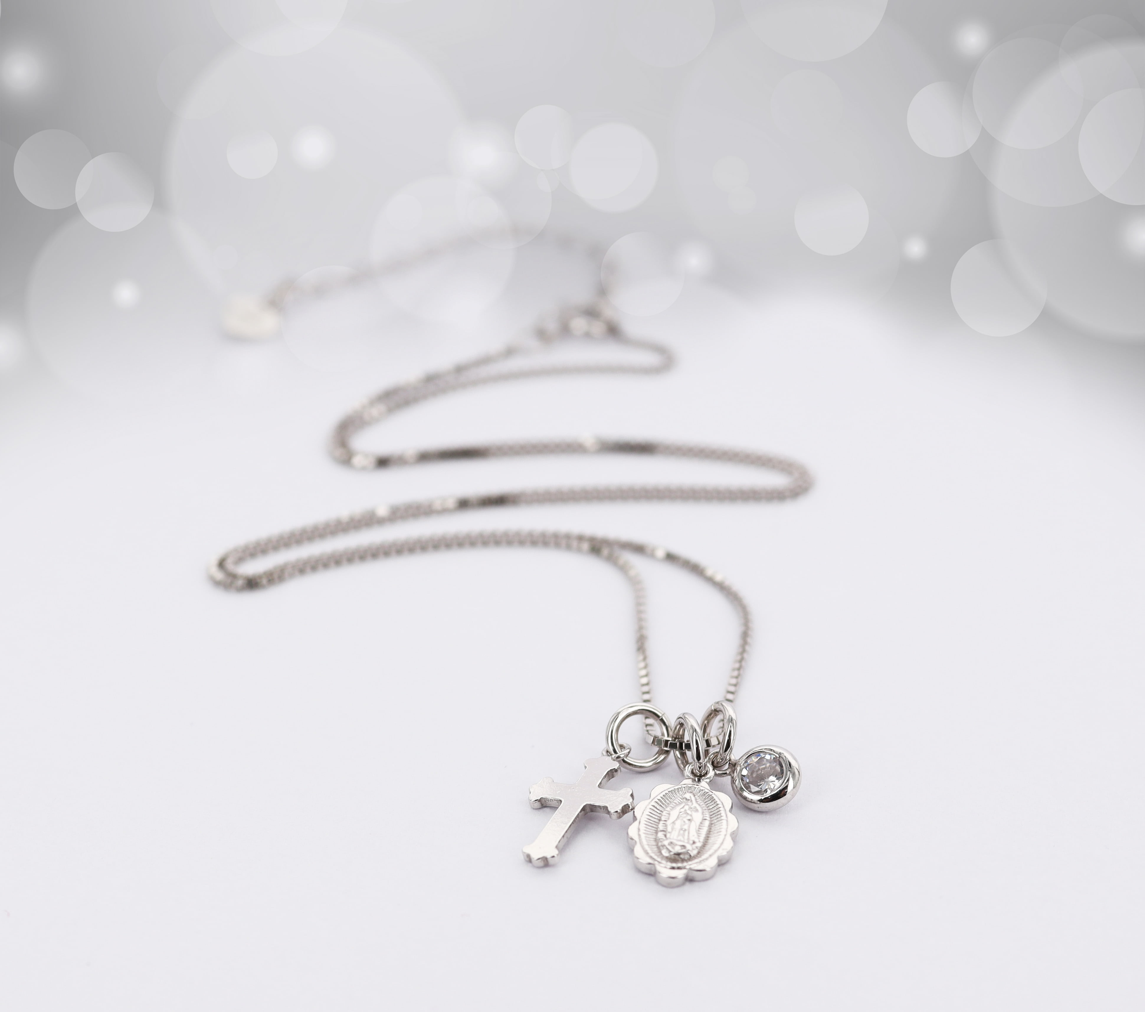 Brilliance Fine Jewelry Sterling Silver Floating CZ, Guadalupe and Cross Charms Necklace, Box Chain 16"+2"