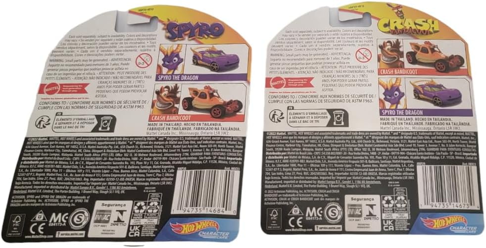Hot Wheels Crash Bandicoot and Spyro Activision Character Cars Pack of 2 Diecast Vehicles