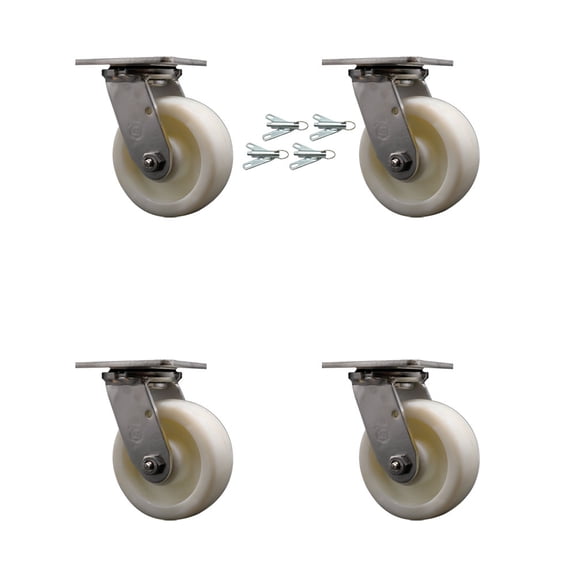 5 Inch 316 Stainless Steel Nylon Swivel Caster Set w/Delrin Bearing& Swivel Lock