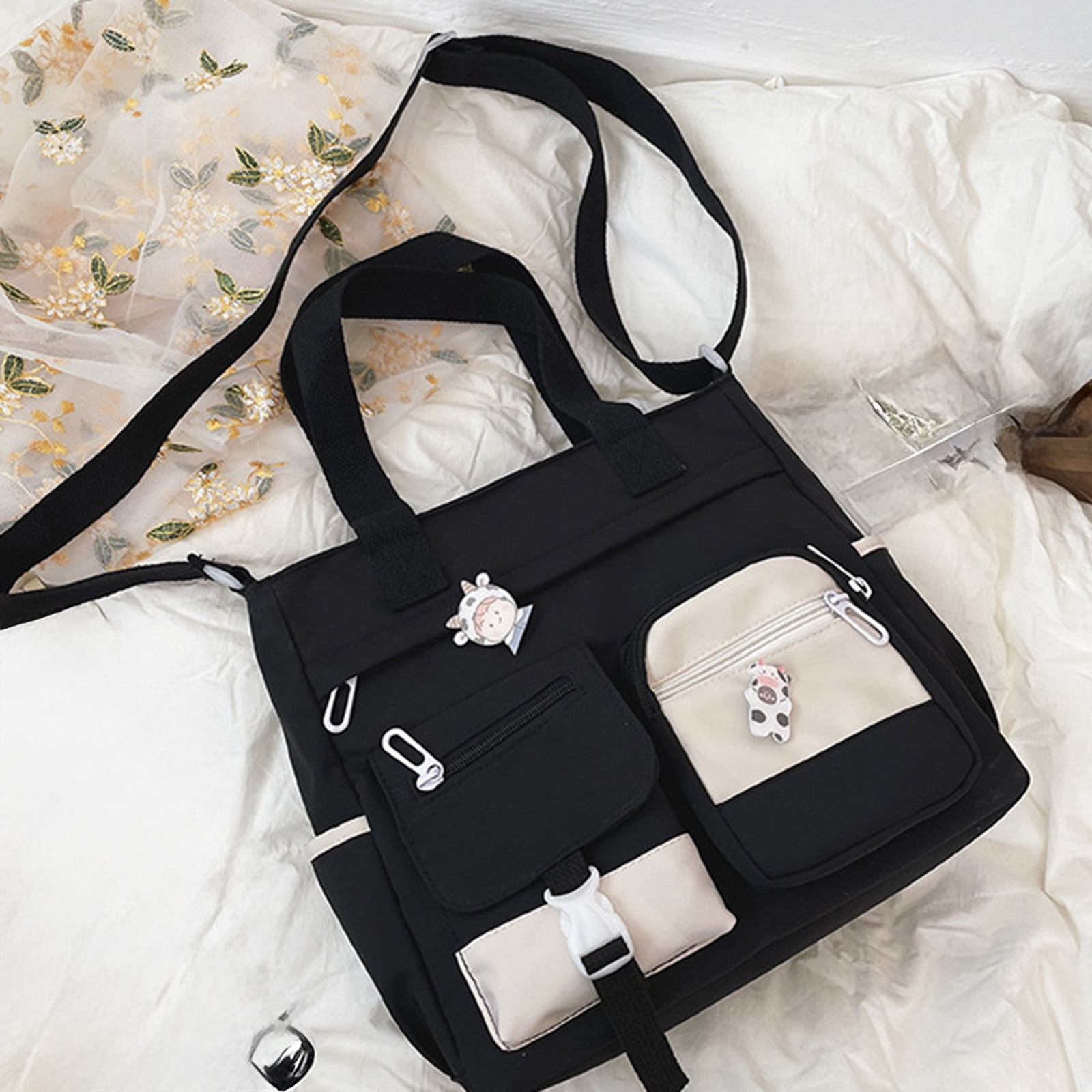 Womens Crossbody Bags for Teens Cute Messenger Purse Nylon Shoulder Tote Bags Multi Pockets Top Handle Satchel Handbags Black