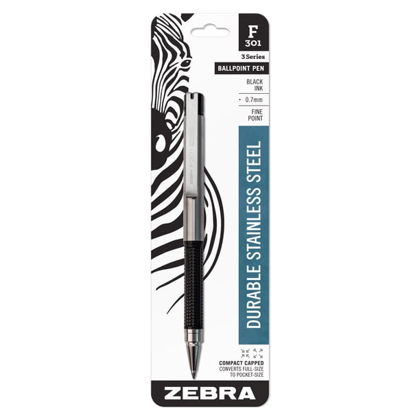 Zebra F-301 Compact Ballpoint Stainless Steel Capped Pen, Fine