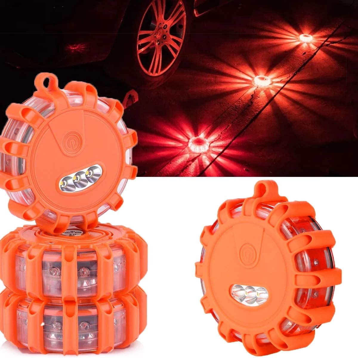 LED Safety Road Flares Emergency Lights,Flashing Warning Ride Light Batteries Not Included Roadside Safety Beacon Disc Flashing Warning Light with Magnetic Base & Hook for Vehicles Truck Boats 