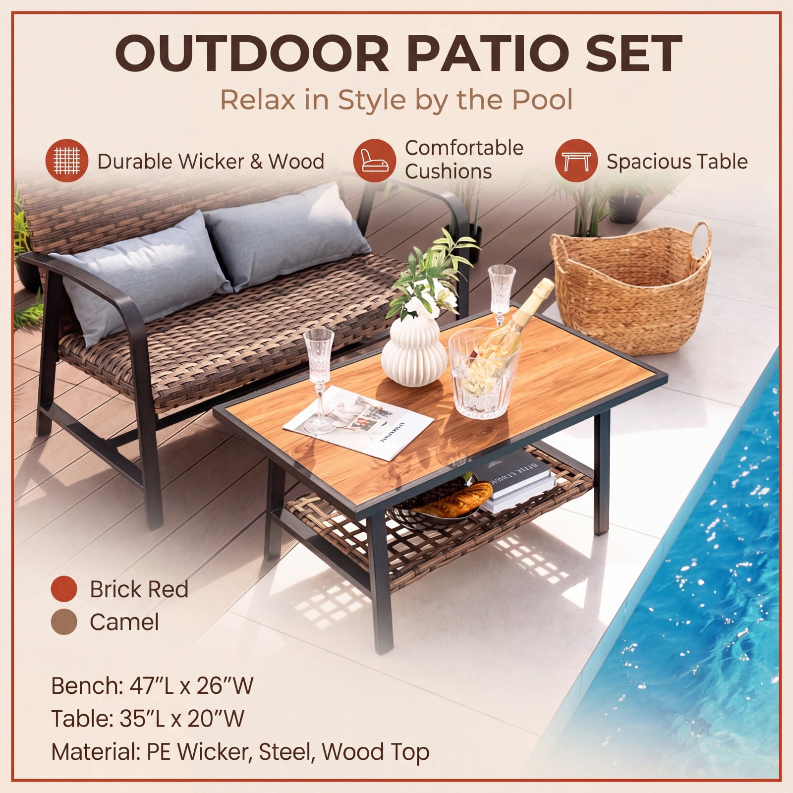 Furnibear 2 Piece Patio Rattan Coffee Table Set with Storage Shelf Quick Dry Cushioned Loveseat and Lumbar Pillows for Garden Backyard, Mix Brown