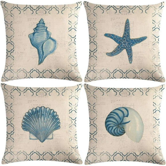 4Pack Vintage Sea Theme Pillow Covers Coastal Beach with Couch &Starfish& Shell Cushion Cover Navigation Sailing Cotton Linen Decorative Pillowcases 18”×18” for Sofa Couch Porch (Shell)