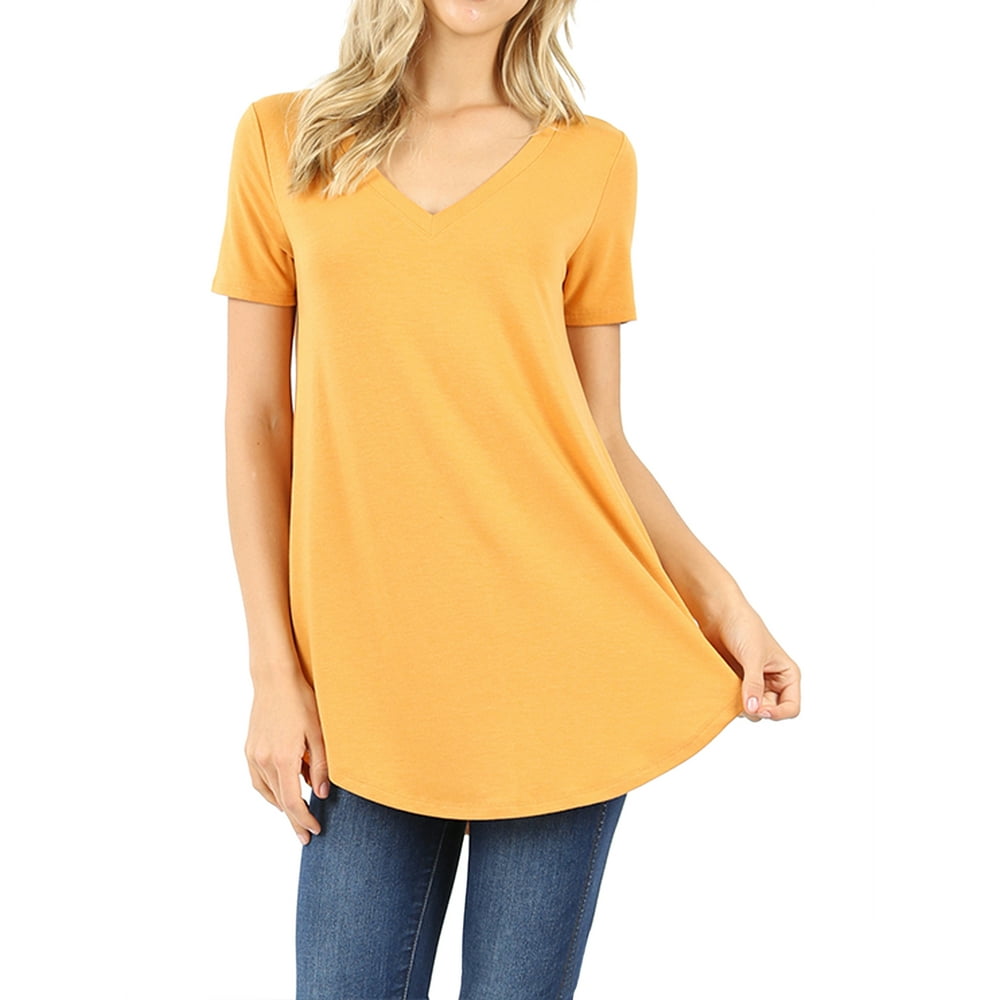 Zenana Women Short Sleeve V Neck Round Hem Relaxed Fit Casual Tee