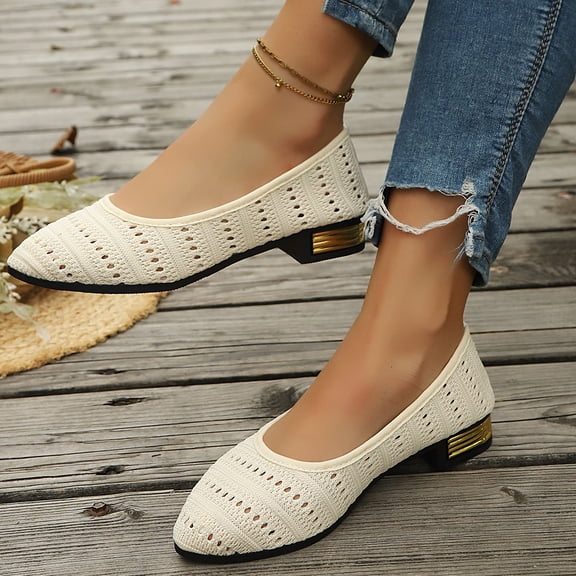 Womens Stylish Hollow Out Knit Flats, Classic Woven Slip On Loafers with Comfortable Block Heel, Versatile Casual Dress Shoes for Work, Business, and Street Wear, Perfect Spring and Summer Footwear