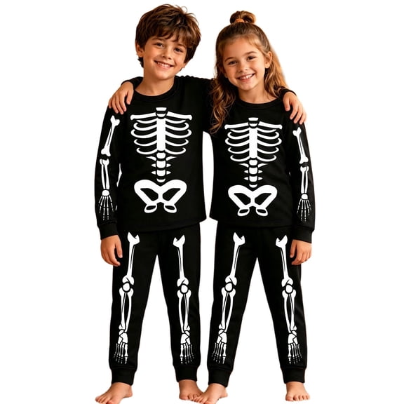 XAOFW Boys Girls Halloween Pajamas Skeleton Print Long Sleeve Tops Pants Toddler Kids Autumn Winter Soft Cozy Sleepwear 2-3 Years