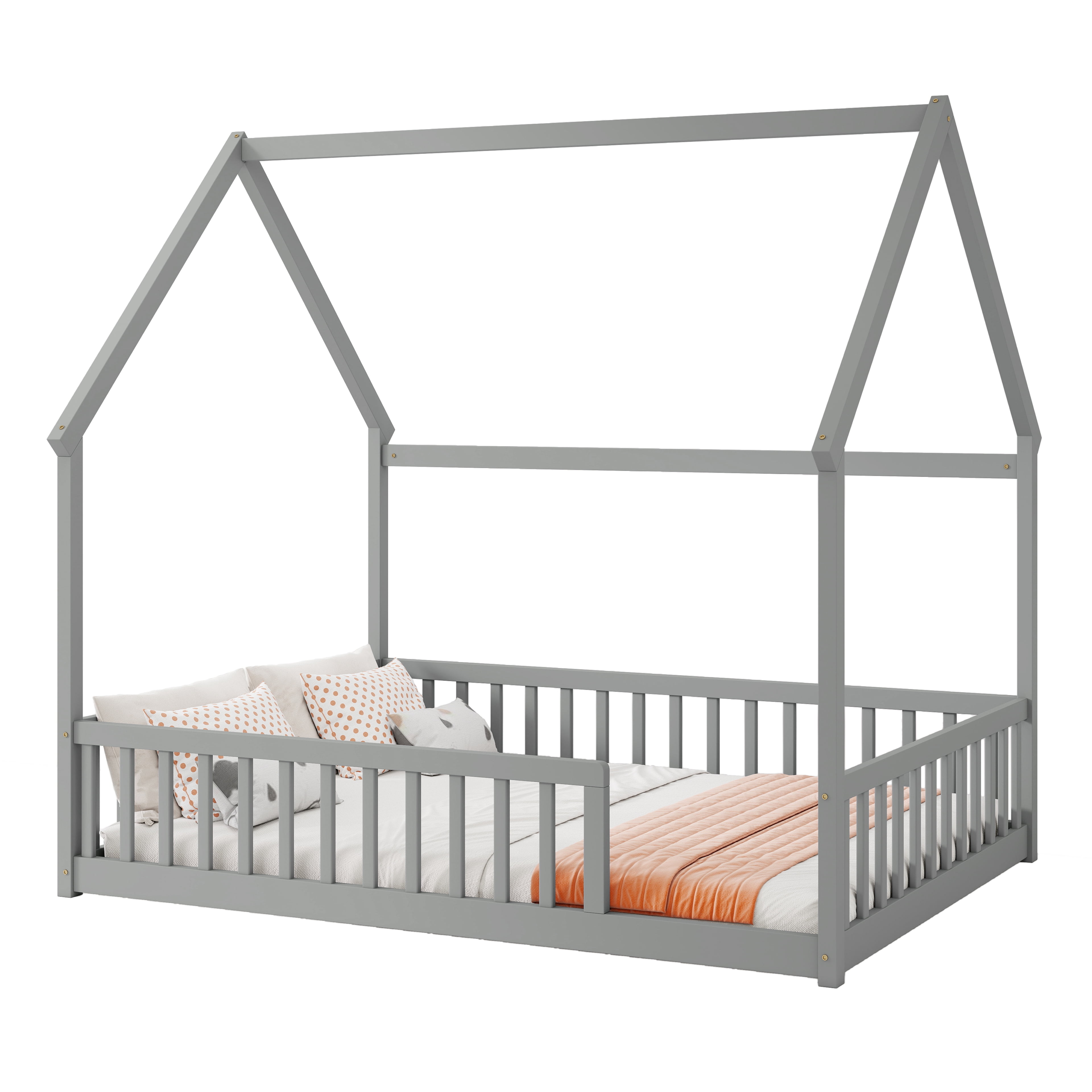 Full Size House Floor Bed with Roof Frame, Pine Wood Floor Bed with Safety Guardrails, Grey