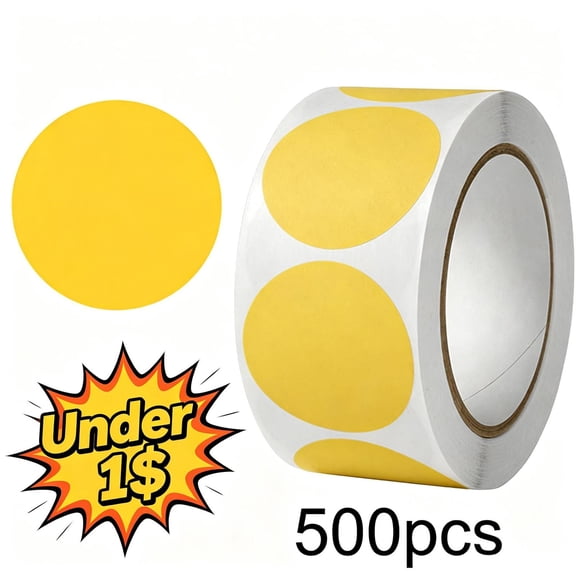 500PCS 1-Inch Yellow Round Dot Stickers, Self-Adhesive Solid Color Paper Labels for Crafts Scrapbooking Gift Wrapping Office Organization, Multi-Surface Adhesive Dots for Marking & Decoration