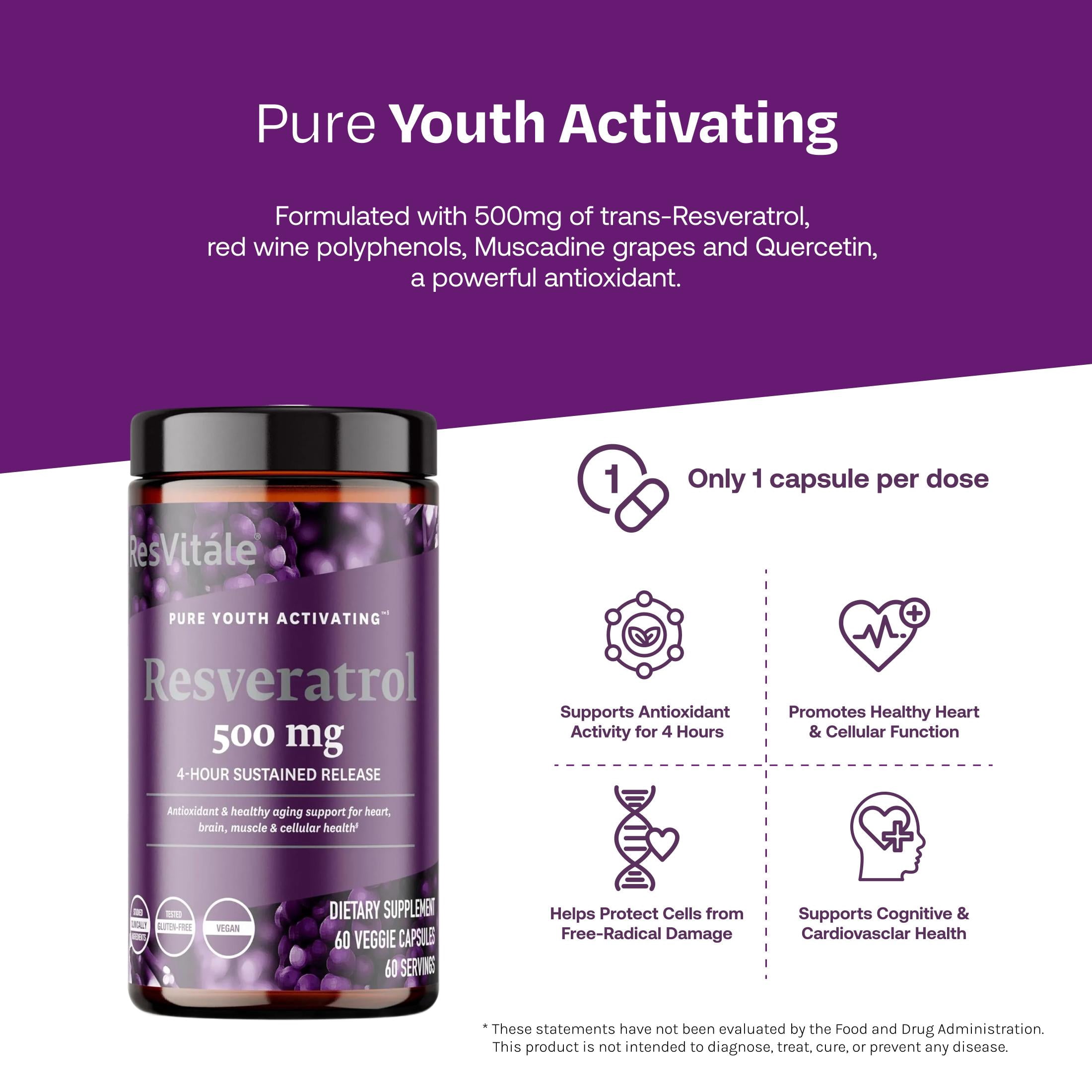 ResVitále Resveratrol 500 mg - Resveratrol Supplement for Men and Women - 60 Veggie Capsules