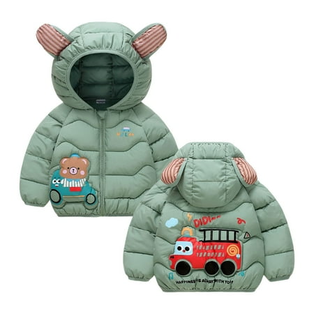 RUTAYY Children Boys Puffer Jacket Winter Long Sleeve Warm Cute Cartoon Print Hooded Down Jacket Thickened Padded Outerwear Cold Weather Classic Stylish Coat