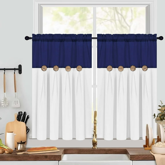 Alishomtll Linen Farmhouse White Boho Button Solid Print Rod Pocket Light Filtering Curtains, 26" x 36" (2 Panels),Blue white